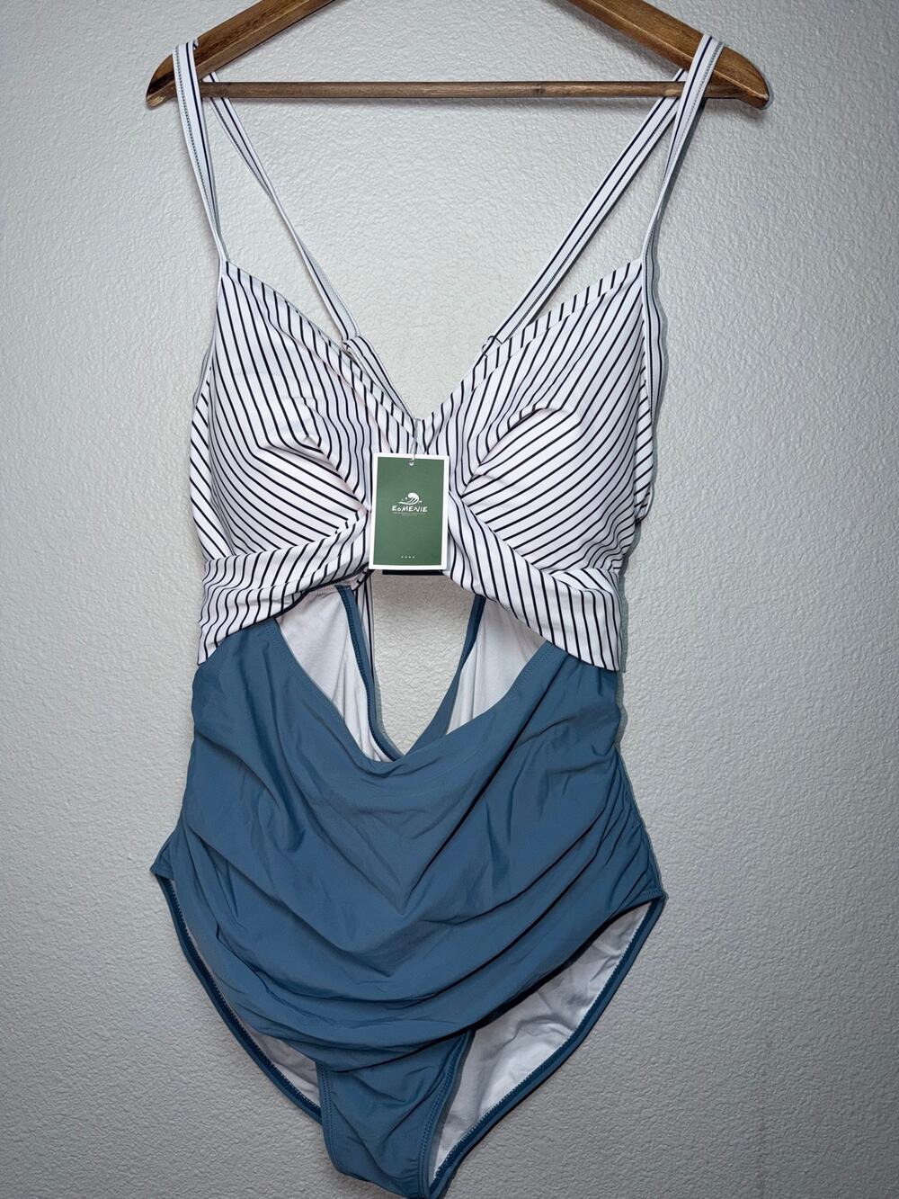 NWT Eomenie 18W Blue & White Striped Twist Front Cutout One Piece